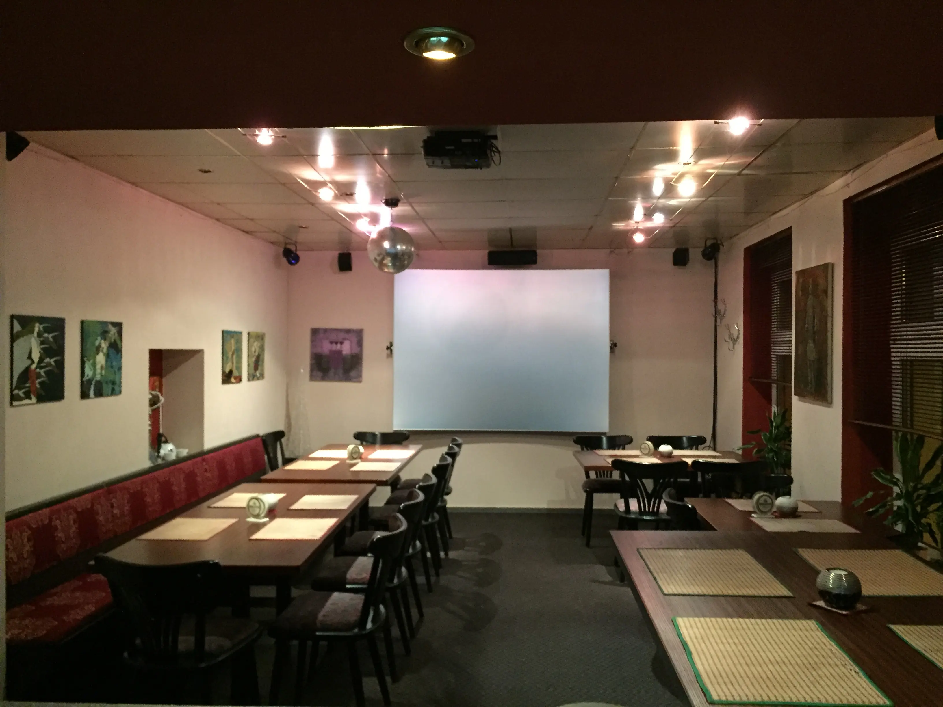 The large dining room with long tables